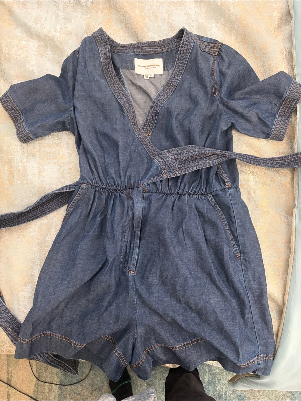 Anthropologie Blue Denim Short Sleeve Wrap Romper